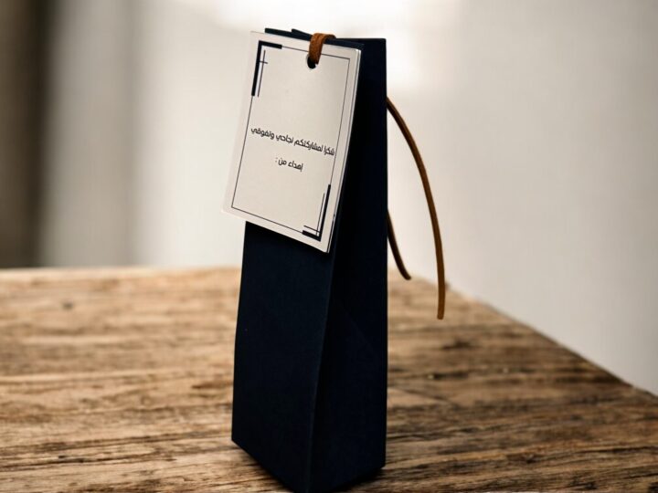 توزيعة العطر بوكس (ناڤي) 4 زاوية جانبية لبوكس ناڤي مع كرت الإهداء الخارجي وشريطة جلد بني لتوزيعة تخرج في الكويت